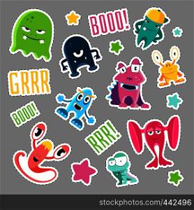 Set of cute monsters and bubbles in the form of a retro patches. Cartoon monster patch, badge sticker in 90s style. Vector illustration. Set of cute monsters and bubbles in the form of a retro patches