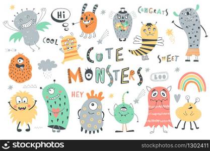 Set of cute monsters, phrases, objects. Vector cartoon characters.