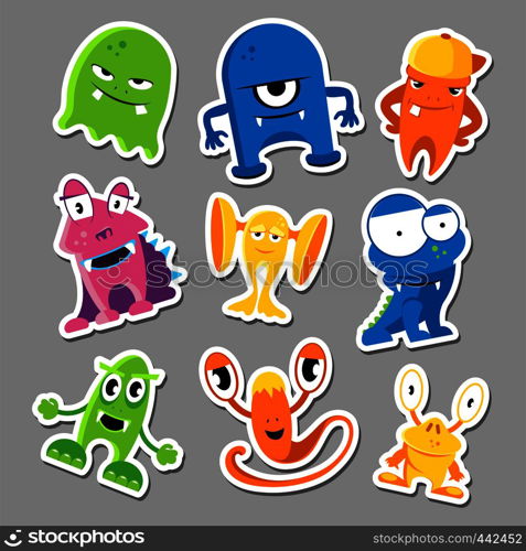 Set of cute monsters stickers. Collection of color funny monsters. Vector illustration. Set of cute monsters stickers