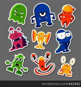 Set of cute monsters stickers. Collection of color funny monsters. Vector illustration. Set of cute monsters stickers