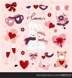 Set of cute objects for Valentine&rsquo;s day. Holiday decoration. Vector illustration