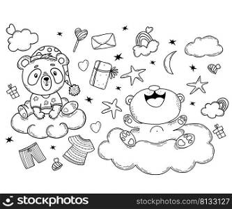 Set of cute panda. characters Joyful Panda and in pajamas on cloud, gifts, stars and rainbow, candy, box and heart. Vector illustration. Isolated linear hand drawings for nursery collection