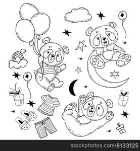 Set of cute panda characters. Panda in striped T-shirt flies on balloons, plays and hangs on moon, gifts and rainbow in clouds. Vector illustration in linear hand doodles style For nursery collection