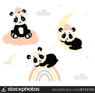 Set of cute panda characters. panda on cloud, sleeping animal on moon and on rainbow. Vector illustration. Cute bear in scandinavian style for posters, kids collection, nursery, design, decor, print 