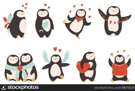 Set of cute penguins for St Valentines Day. Romantic animal characters. Set of cute penguins for St Valentines Day.