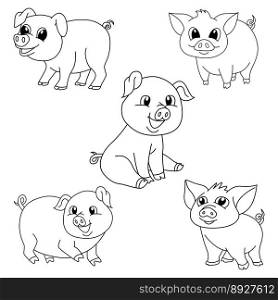 Set of cute pig cartoon coloring page illustration vector. For kids coloring book.