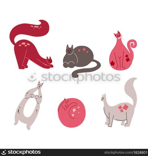 Set of cute pink cats with star and flower decoration. Gently hand drawn flat pets. Vector playful kittens. Childish animal illustration isolated on background. Set of cute pink cats with star and flower decoration. Gently hand drawn flat pets. Vector playful kittens. Childish animal illustration