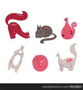 Set of cute pink cats with star and flower decoration. Gently hand drawn flat pets. Vector playful kittens. Childish animal illustration isolated on background. Set of cute pink cats with star and flower decoration. Gently hand drawn flat pets. Vector playful kittens. Childish animal illustration