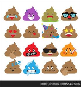 Set of cute poop emoticons, emoji flat design, vector illustration.
