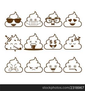Set of cute poop emoticons, emoji outline design, vector illustration.