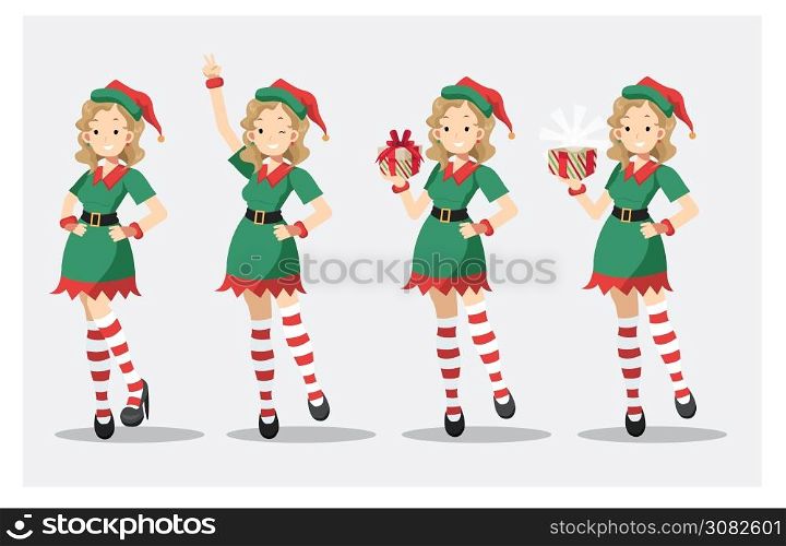 Set of cute pretty sexy woman in Elf costume dress. flat vector. happy, gift box , opened gift box. merry Christmas.