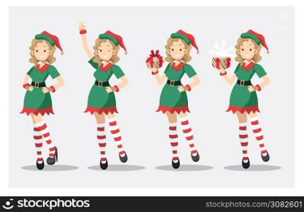 Set of cute pretty sexy woman in Elf costume dress. flat vector. happy, gift box , opened gift box. merry Christmas.