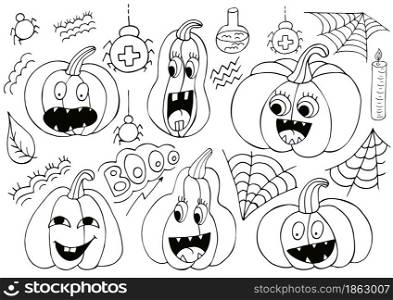 Set of cute pumpkins in hand draw style. Collection of vector illustrations for Halloween design. Coloring elements, cartoon style. Sign, sticker, pin. Collection of vector illustrations for Halloween design. Sign, sticker, pin