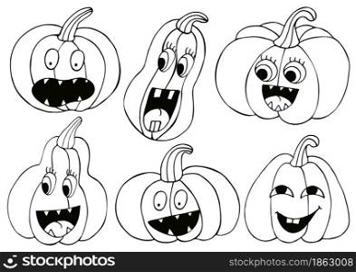 Set of cute pumpkins in hand draw style. Collection of vector illustrations for Halloween design. Coloring style. Sign, sticker, pin. Collection of vector illustrations for Halloween design. Sign, sticker, pin