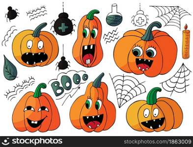 Set of cute pumpkins in hand draw style. Collection of vector illustrations for Halloween design. Halloween elements, cartoon style. Sign, sticker, pin. Halloween design. Halloween elements, cartoon style