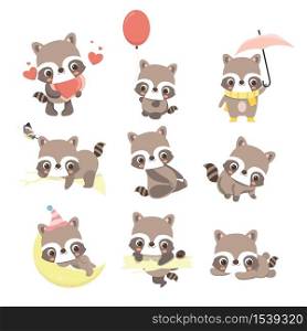 Set of cute raccoon character in different poses and positions.. Set of cute raccoon character.