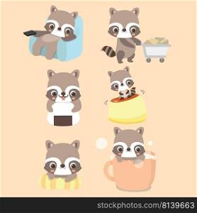 Set of cute raccoon character in different poses and positions. . Set of cute raccoon character.