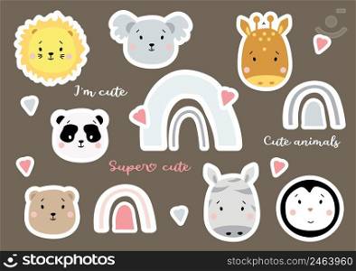 Set of cute rainbows and tropical animals - penguin, lion and koala, giraffe and panda, bear and zebra. Kids collection of vector stickers. Isolated on a background with hearts. Element for design