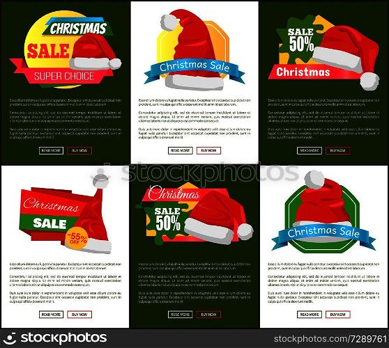 Set of cute red hats with white buboes Christmas sale promo banners vector illustration with text and push-buttons isolated on deep green and white. Set of Red Hats Christmas Sale Promotion Banners