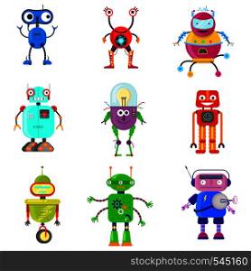Set of cute robots in flat style on white background