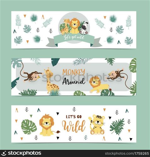 Set of cute safari with giraffe, zebra,monkey.Vector illustration for baby invitation, kid birthday invitation,banner and postcard