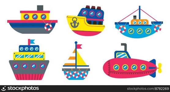 Set of cute sea transport. Cruise yacht, sailing vessel, sailboat, submarine, fishing boat, steamboat. Kids marine water transport. Childish ocean ship, baby nautical trawler. Cartoon vector.