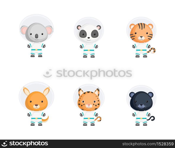 Set of cute spacemen animals. Adorable animals characters for design of album, scrapbook, card, poster, invitation. Flat cartoon colorful vector illustration.