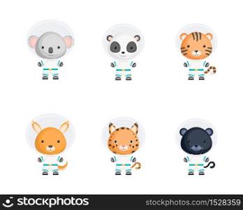 Set of cute spacemen animals. Adorable animals characters for design of album, scrapbook, card, poster, invitation. Flat cartoon colorful vector illustration.