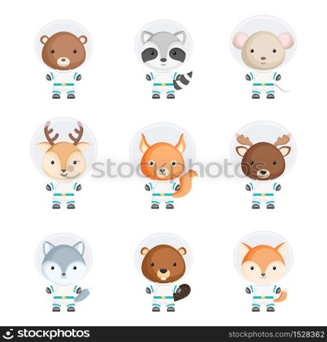 Set of cute spacemen animals. Adorable animals characters for design of album, scrapbook, card, poster, invitation. Flat cartoon colorful vector illustration.