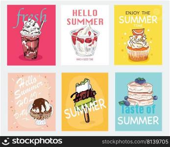 Set of cute summer cards templates for summer holidays. . Set of cute summer cards templates. 