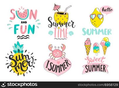 Set of cute summer hand drawn labels, logos, tags and elements for holiday, travel and beach vacation with positive quotes. Perfect for web,card,poster,cover,tag,invitation,sticker. Vector illustration.. Set of summer handdrawn labels,logos,tags,elements