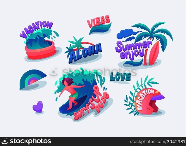 Set of cute summer stickers pack. Vacation vector summer emblems. Holiday icon set