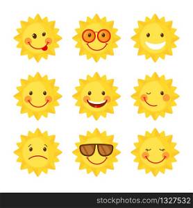 Set of cute Sun icons in flat style isolated on white background. Emoji. Smiling cartoon summer emoticons. Vector illustration.. Set of cute Sun icons in flat style isolated on white background.