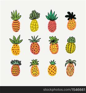 Set of cute sunny pineapples. Hand drawn Decorative Pinapple with different textures in warm colors, yellow, red, orange green. Exotic fruits on light background. Summer background Vector illustration. Set of cute sunny pineapples.
