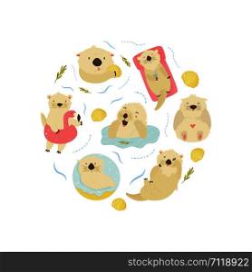 Set of cute swimming otters. For Baby Print design, apparel, greeting cards. Set of cute swimming otters. Baby Print design