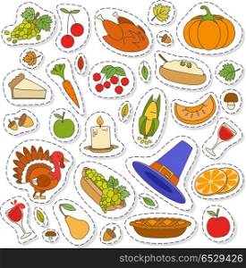 Set of Cute Thanksgiving icons. Set of cute, colorful design elements for autumn, fall and thanksgiving. Give Thanks patch icons. Thanksgiving autumn icon with fall seasonal. Pumpkin vegetable, maple leaf, roast turkey, pilgrim hat