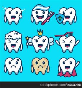 set of cute tooth character design flat. vector illustration with various expressions and styles