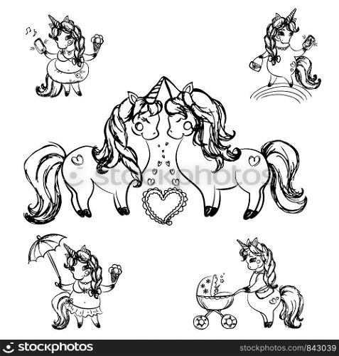 Set of cute unicorns,hand drawn isolated on white background, vector illustration. Set of cute unicorns,hand drawn isolated on white background