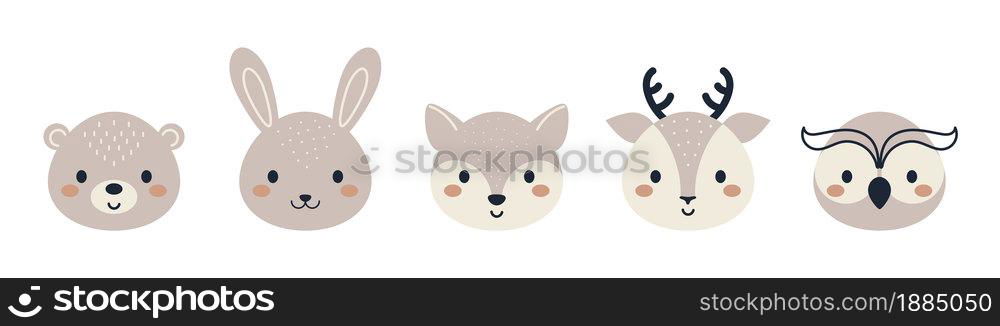 Set of cute woodland animal heads in scandinavian style. Collection funny animals characters for kids cards, baby shower, birthday invitation, house interior. Bohemian childish vector illustration.