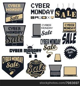 Set of cyber monday labels and badges on white background. Cyber monday sale. Vector illustration.