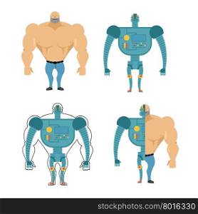 Set of Cyborgs. Robot in human body. Iron, metal skeleton of man. Human body in future. Bionic Artificial intelligence.