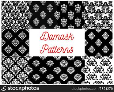 Set of damask seamless patterns. Vector stylized decorative floral patterns of damask style. Decoration tiles with graphic flowery pattern on black and white background. Set of damask seamless patterns