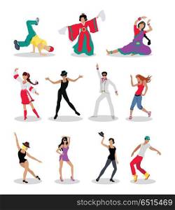 Set of Dancing Peoples Flat Vector Illustrations. Dancing peoples. Men and women characters in modern and national clothes in different poses vector illustrations set isolated on white background. For app icons, logo, infographics, web design. Set of Dancing Peoples Flat Vector Illustrations