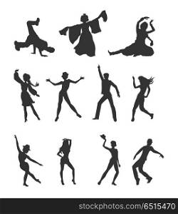 Set of Dancing Peoples Flat Vector Illustrations. Dancing peoples. Men and women characters in modern and national clothes in different poses vector illustrations set isolated on white background. For app icons, logo, infographics, web design