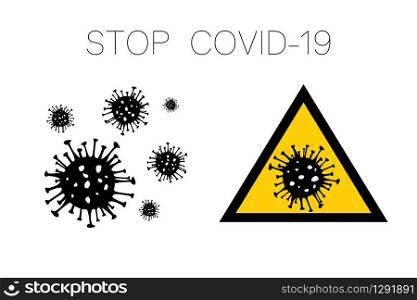 Set of Dangerous Coronavirus yellow and black vector Icon. 2019-nCoV bacteria isolated on white background. COVID-19 Wuhan corona virus disease sign STOP pandemic concept symbol. Human health medical.. Set of Dangerous Coronavirus yellow and black vector Icon. 2019-nCoV bacteria isolated on white background. COVID-19 Wuhan corona virus disease sign STOP pandemic concept symbol. Human health medical