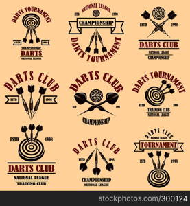 Set of darts club label templates. Design element for logo, label, sign, poster, t shirt. Vector illustration