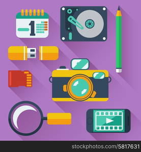 Set of data storage devices icons with digital camera, smartphone, HDD, memory card, USB and organizer