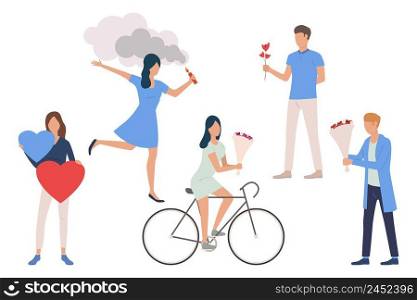 Set of dating couples. Young men and women waiting, standing, riding bike, holding flowers or heart. People concept. Vector illustration can be used for topics like love or dates. Set of dating couples