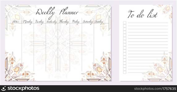 Set of day organization templates with tribal mandala. Weekly planner and to do list. Geometric boho decorations. Spirituality template setting tasks for the day and for the week