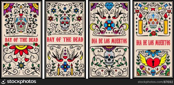 Set of Dead day banner template. Sugar skulls. Design elements for poster, flyer, banner. Vector illustration